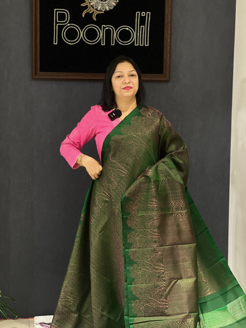 KANCHIPURAM SAREE -Dark bottle green shade Search code 6305