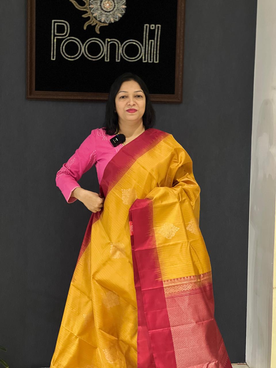 KANCHIPURAM SAREE-Mango yellow to Maroon   shade Search code 6320