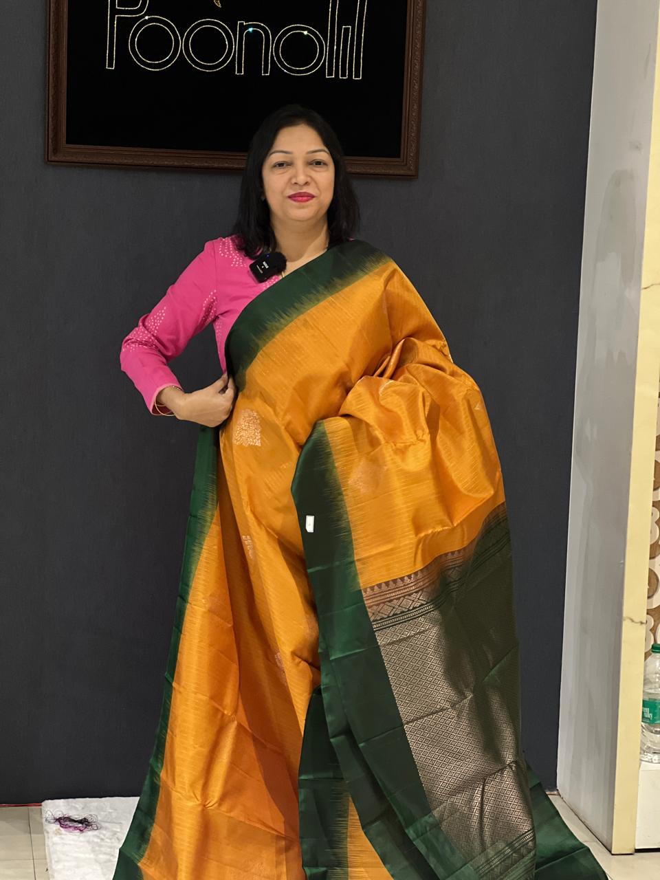 KANCHIPURAM SAREE-Mango yellow to Bottle green  shade Search code 6318