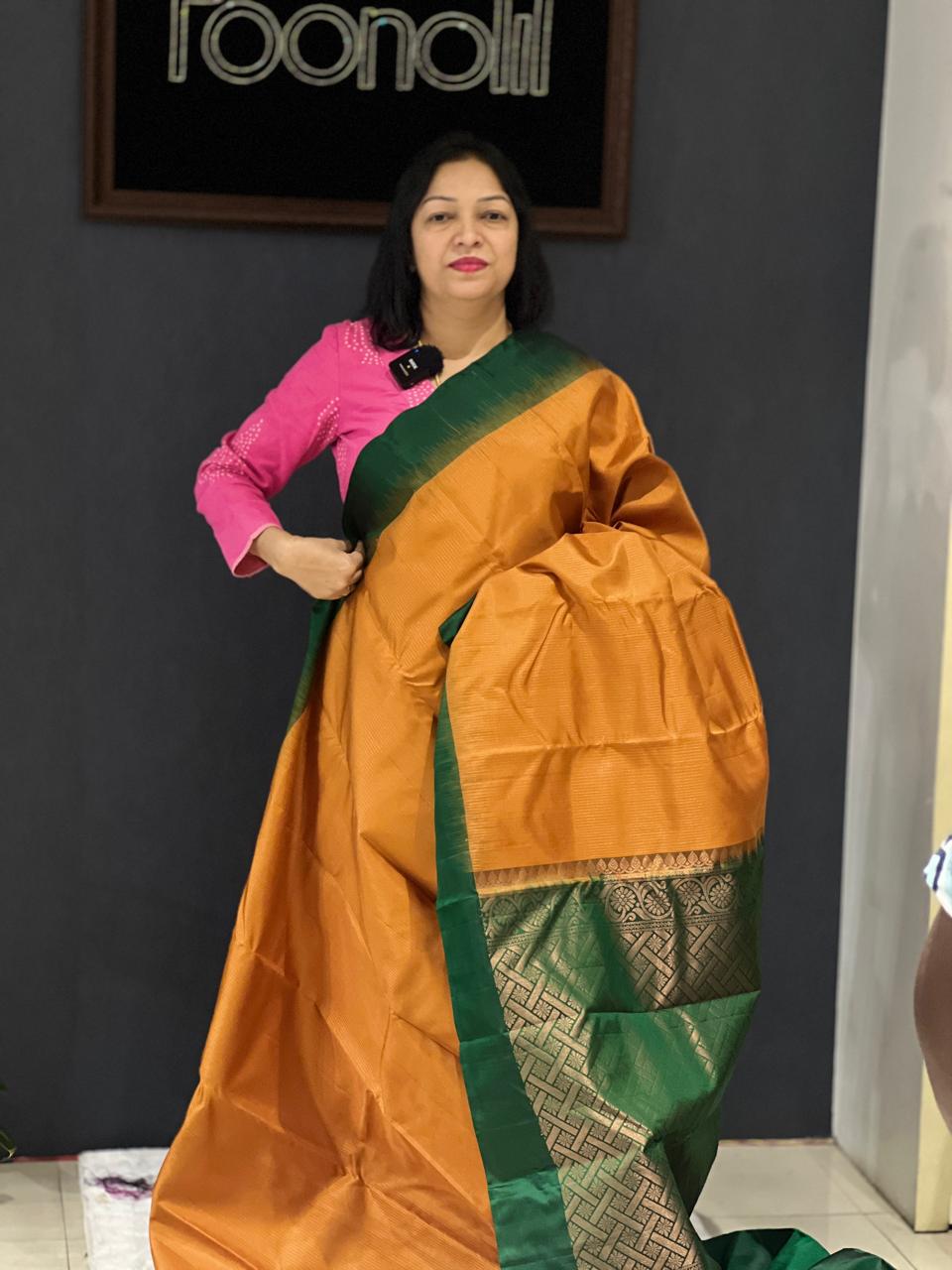 KANCHIPURAM SAREE-Mango yellow to Bottle green  shade Search code 6322