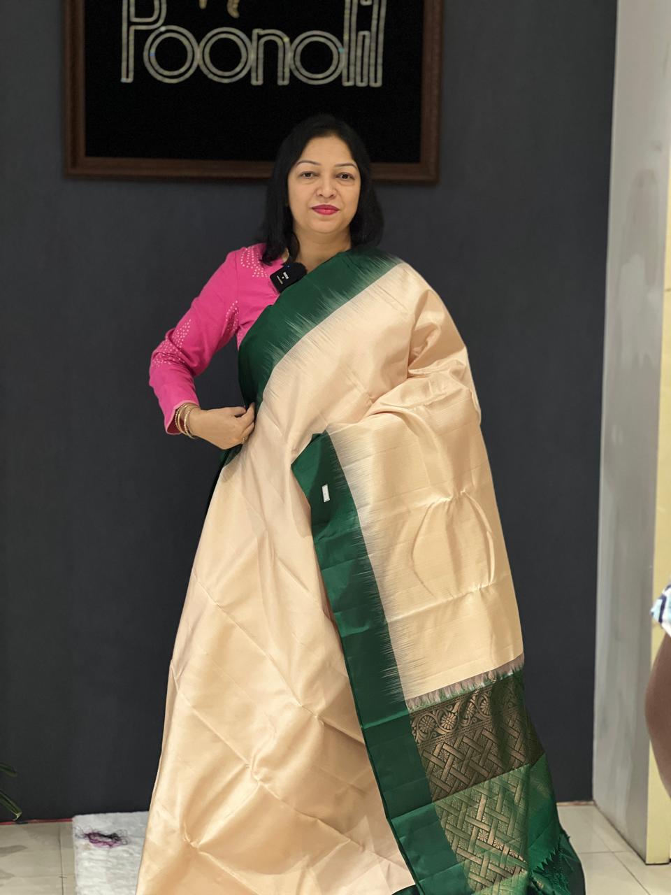 KANCHIPURAM SAREE-Cream to Bottle green shade Search code 6325