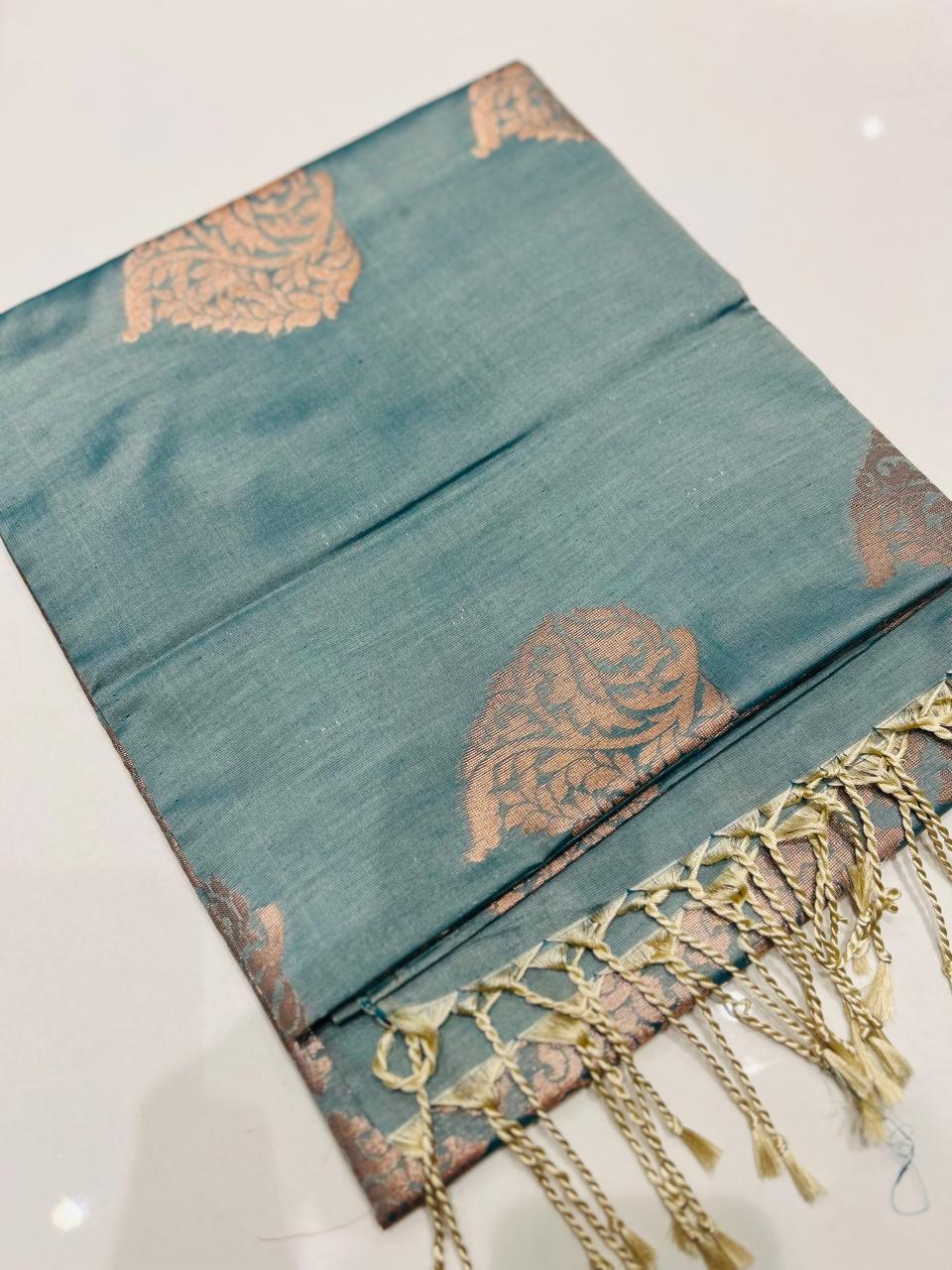 Semi Silk Saree -Blue Green color Search code 3023