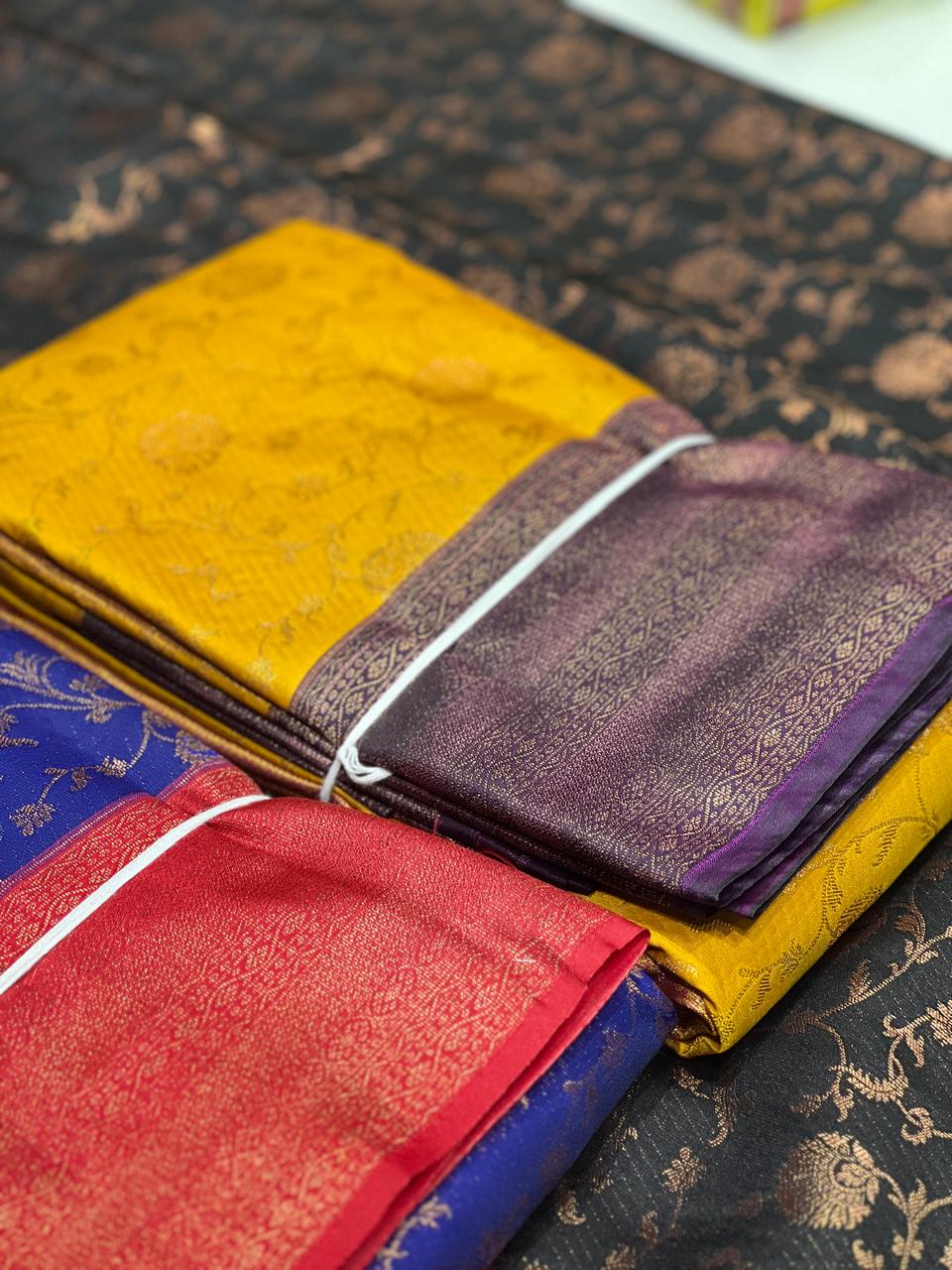 KANCHIPURAM SAREE CONTRAST -  Yellow and purple Search code 9601