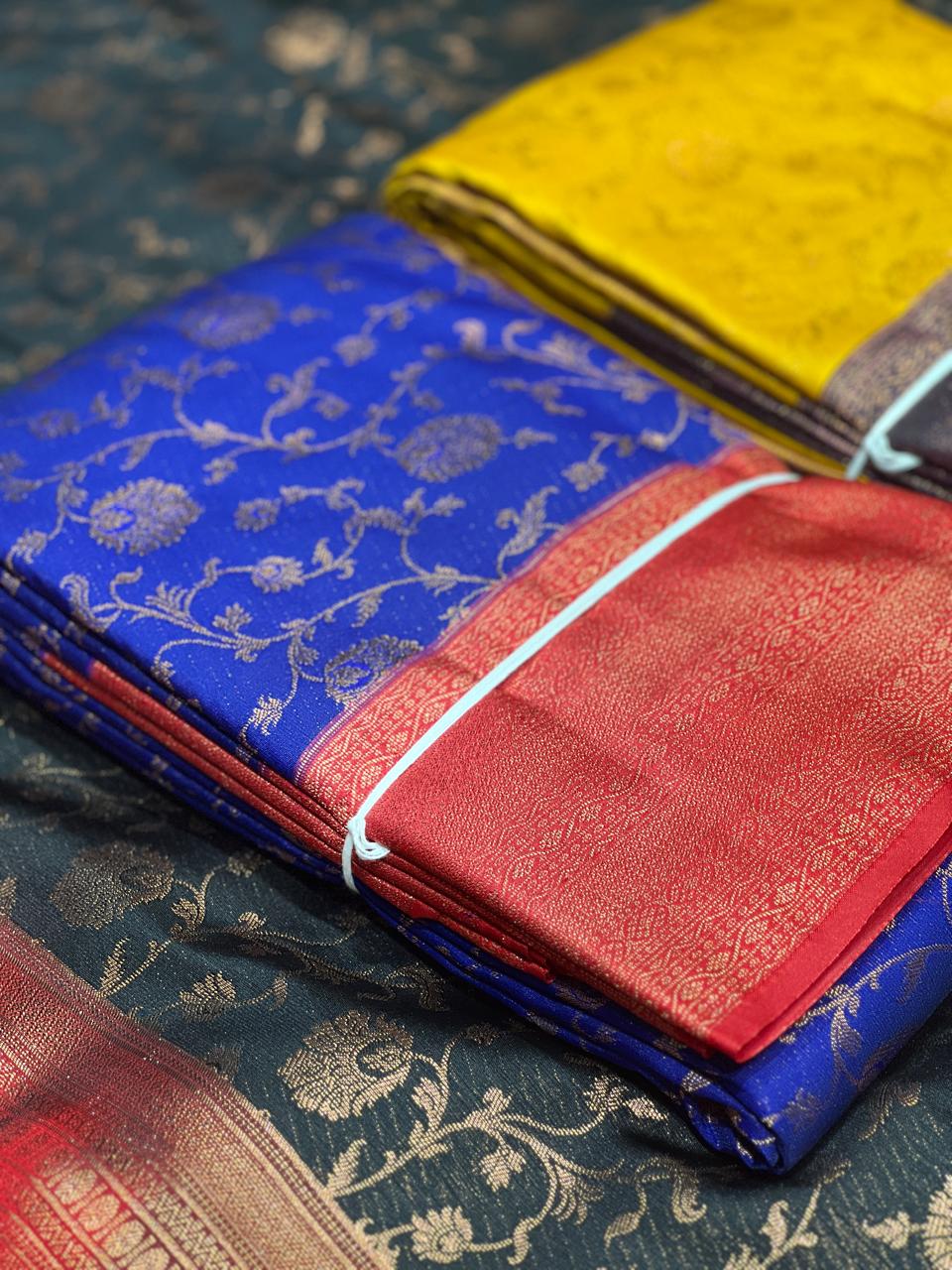 KANCHIPURAM SAREE CONTRAST -Blue to Red Search code 9602