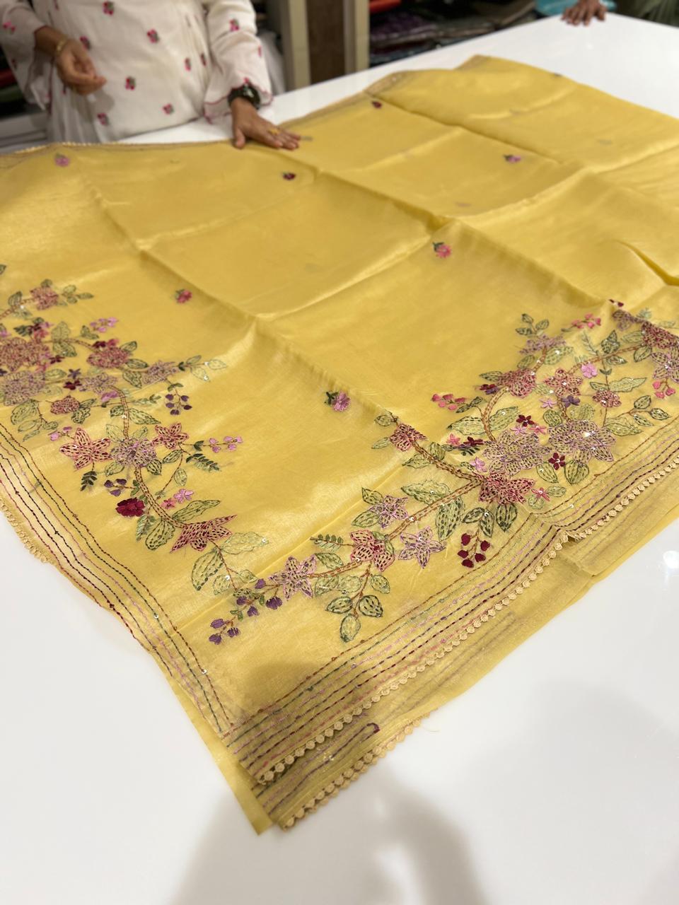 Tissue Linen Mix Saree -Yellow  shade Search code 7400