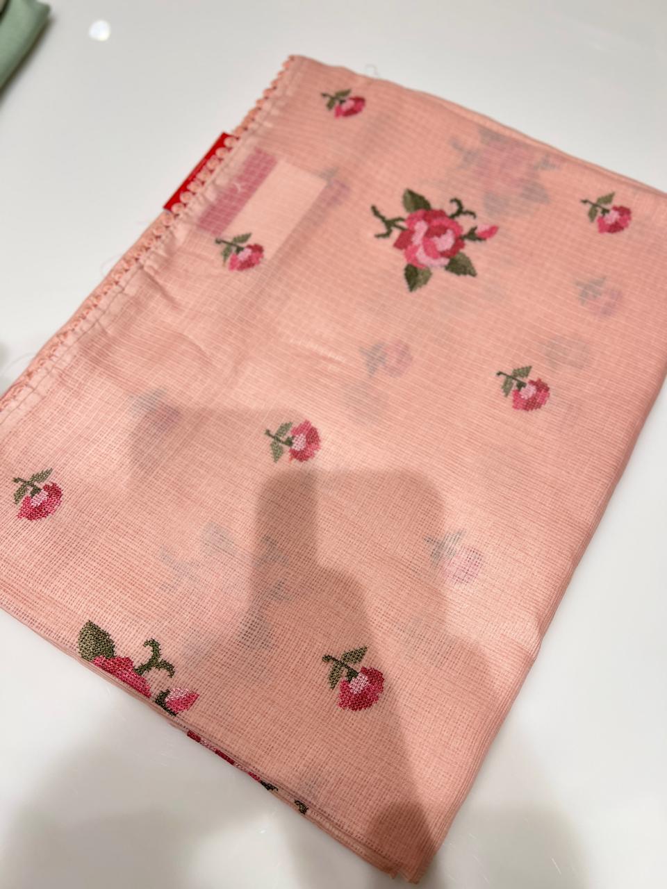 Tissue Linen Mix Saree - Peach  shade Search code 7421