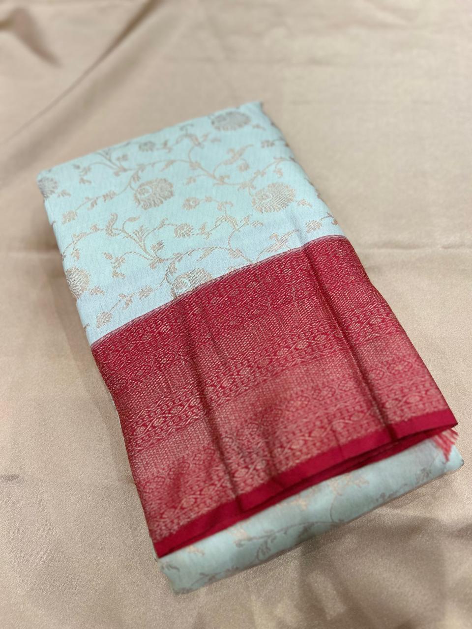 KANCHIPURAM SAREE CONTRAST -Cream to Chilly red  Search code 4900