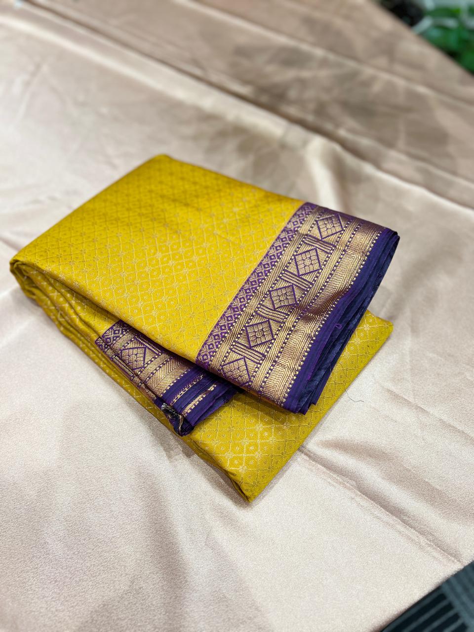 KANCHIPURAM SAREE CONTRAST -Yellow to Purple Search code 8421