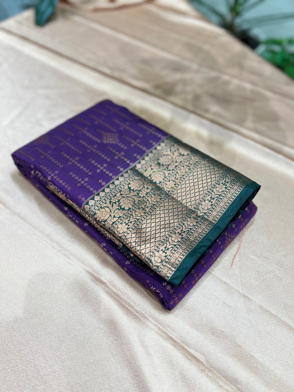 KANCHIPURAM SAREE CONTRAST -Purple to Bottle green Search code 8413