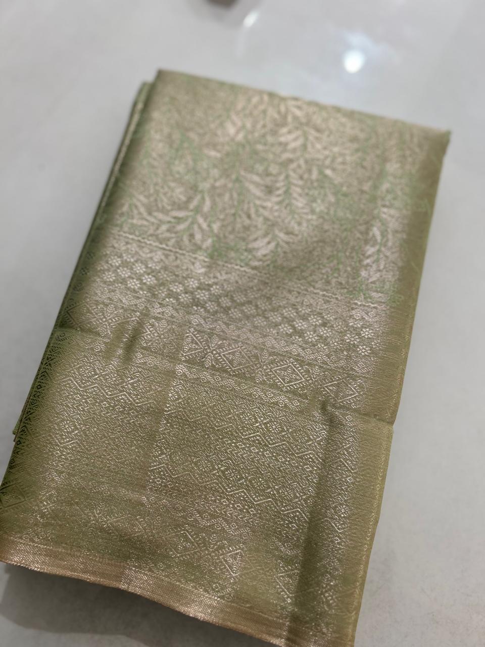 Tissue  saree - Olive green color Search code 1003