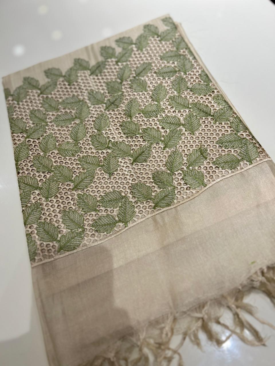 Tussar Saree -  Off white and  Green shade Search code 1013