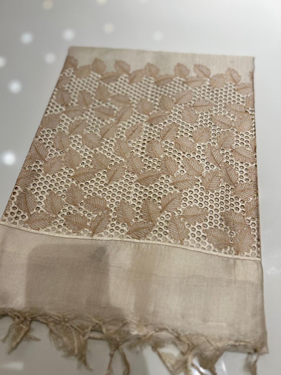 Tussar Saree -  Off white and  Chiku shade Search code 1012