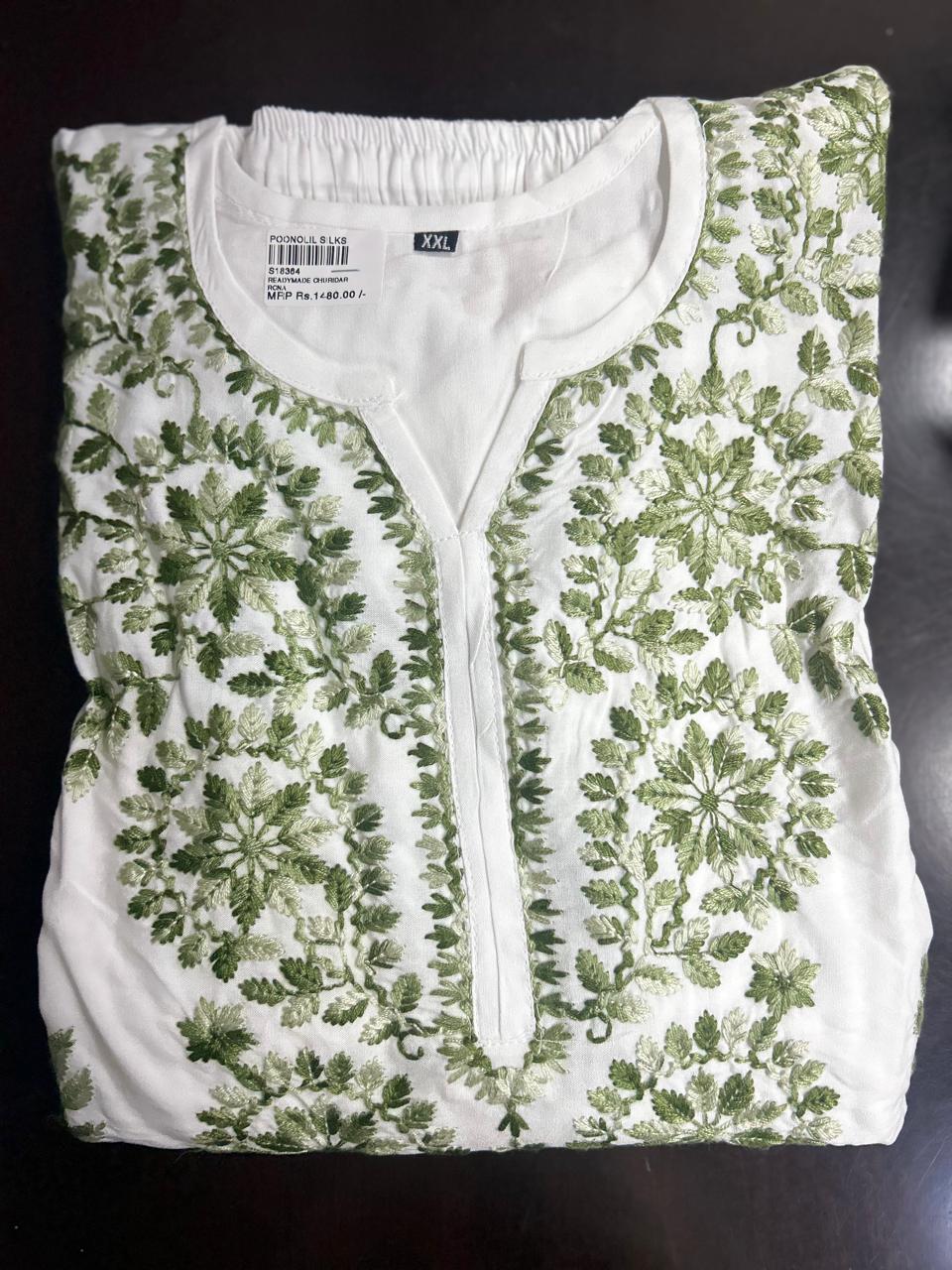 Chikankari Salwar Suit - White and Green shade Search code 8701