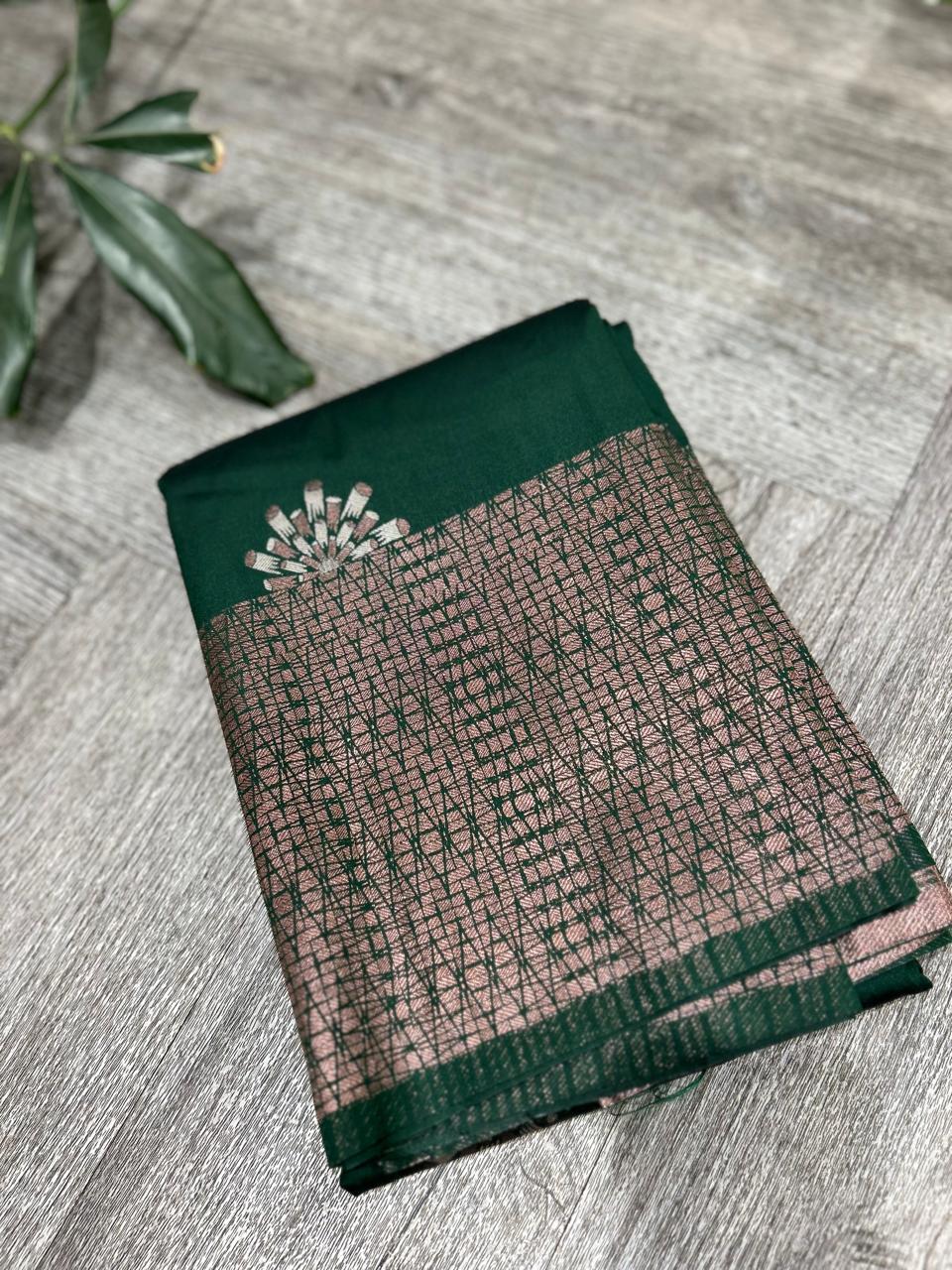 KANCHIPURAM PURE MIX SAREE -Bottle green shade Search code 6025