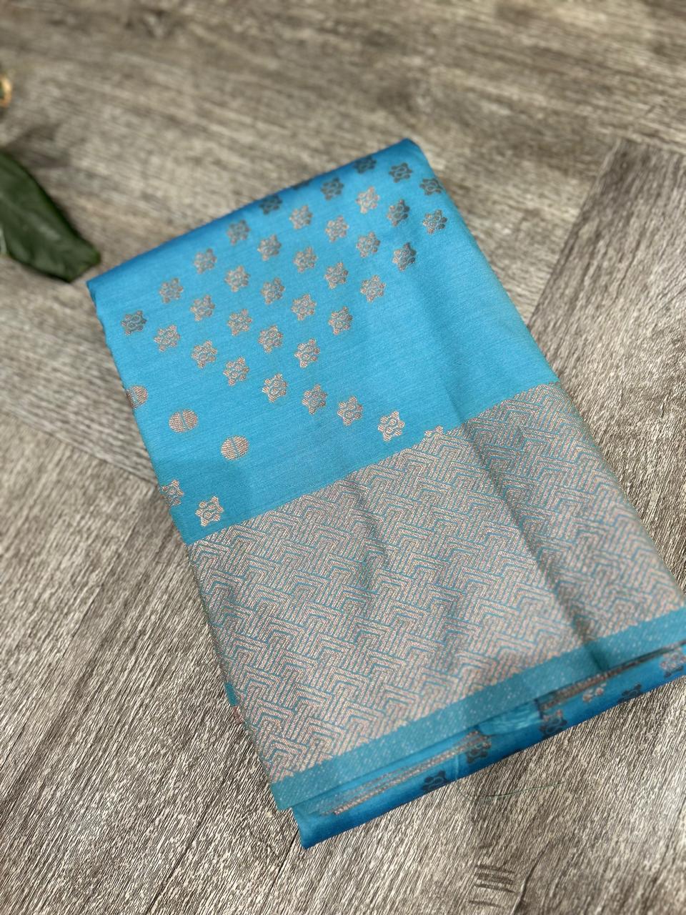 KANCHIPURAM PURE MIX SAREE -Blue shade Search code 6019