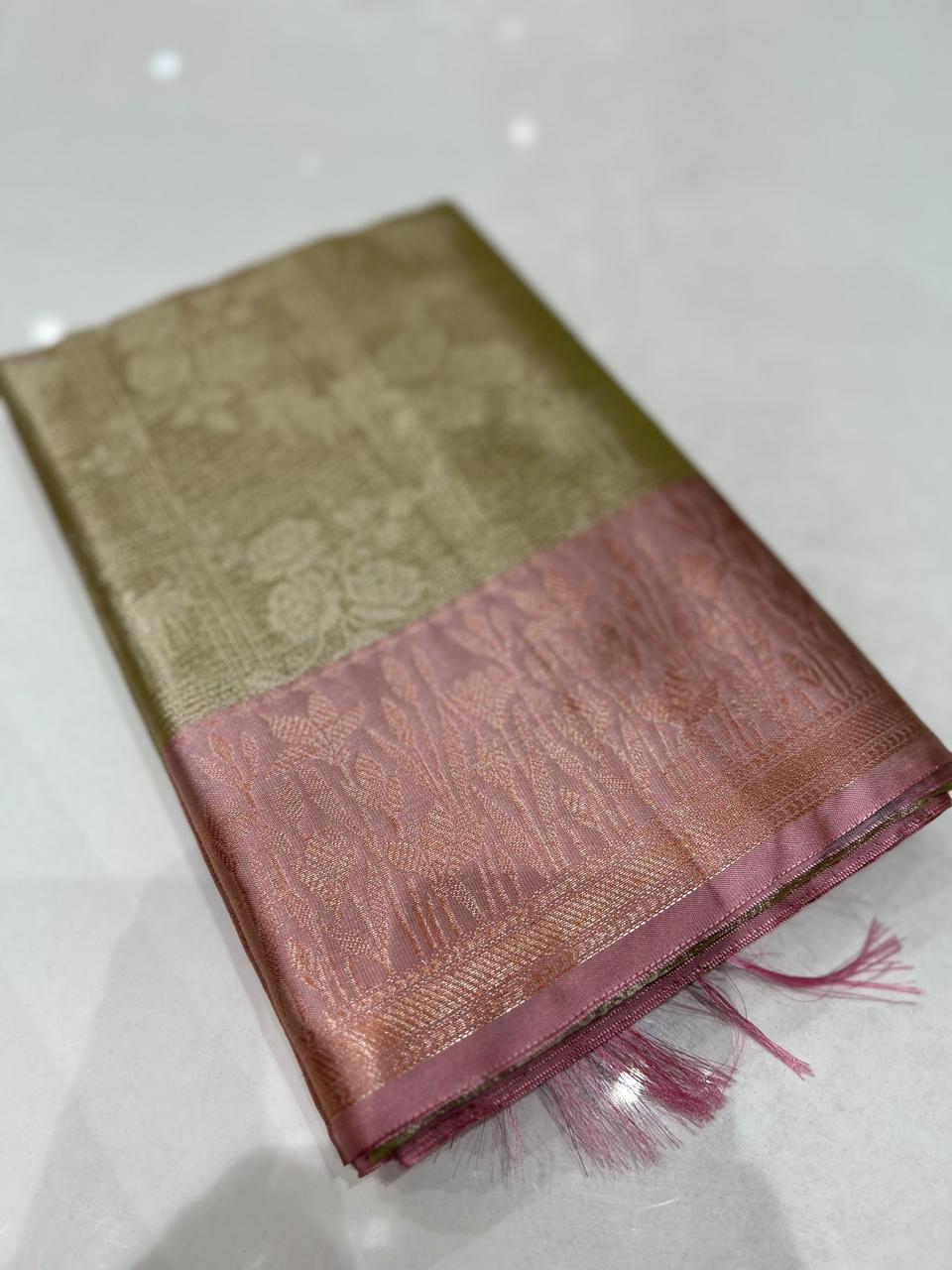 Banarasi Tissue Saree -Mehndi green to Pink   shade  Search code 4006