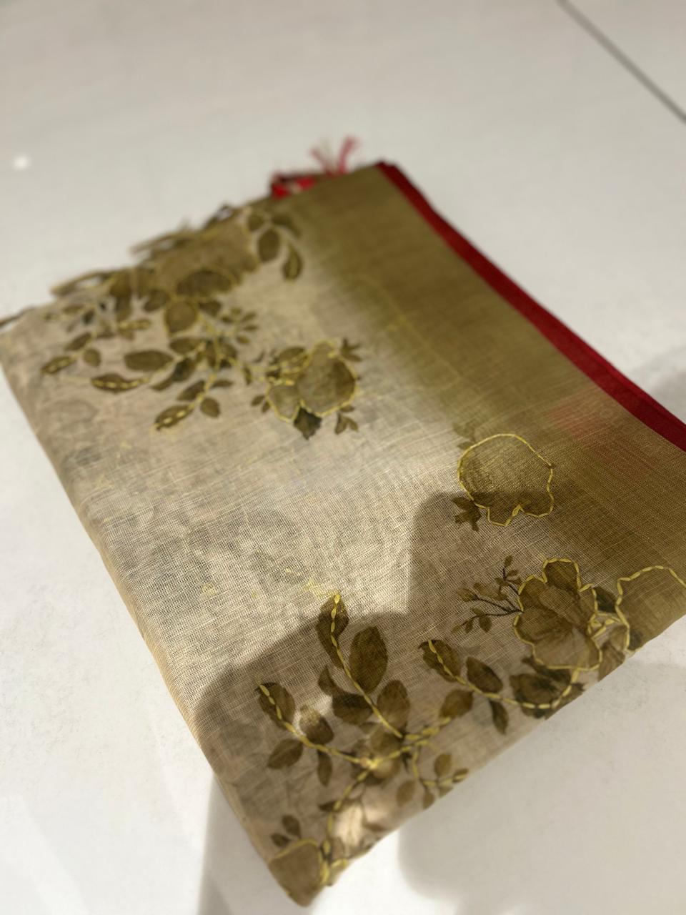 LINEN SAREE - Olive green and Chiku color Search code 7463