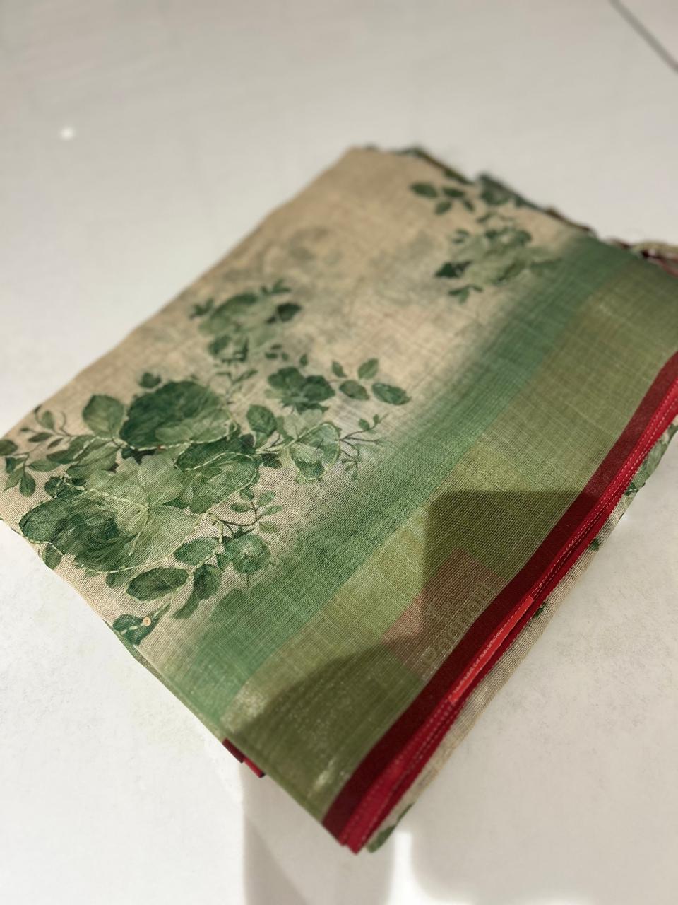 LINEN SAREE - Green and Chiku color Search code 7464