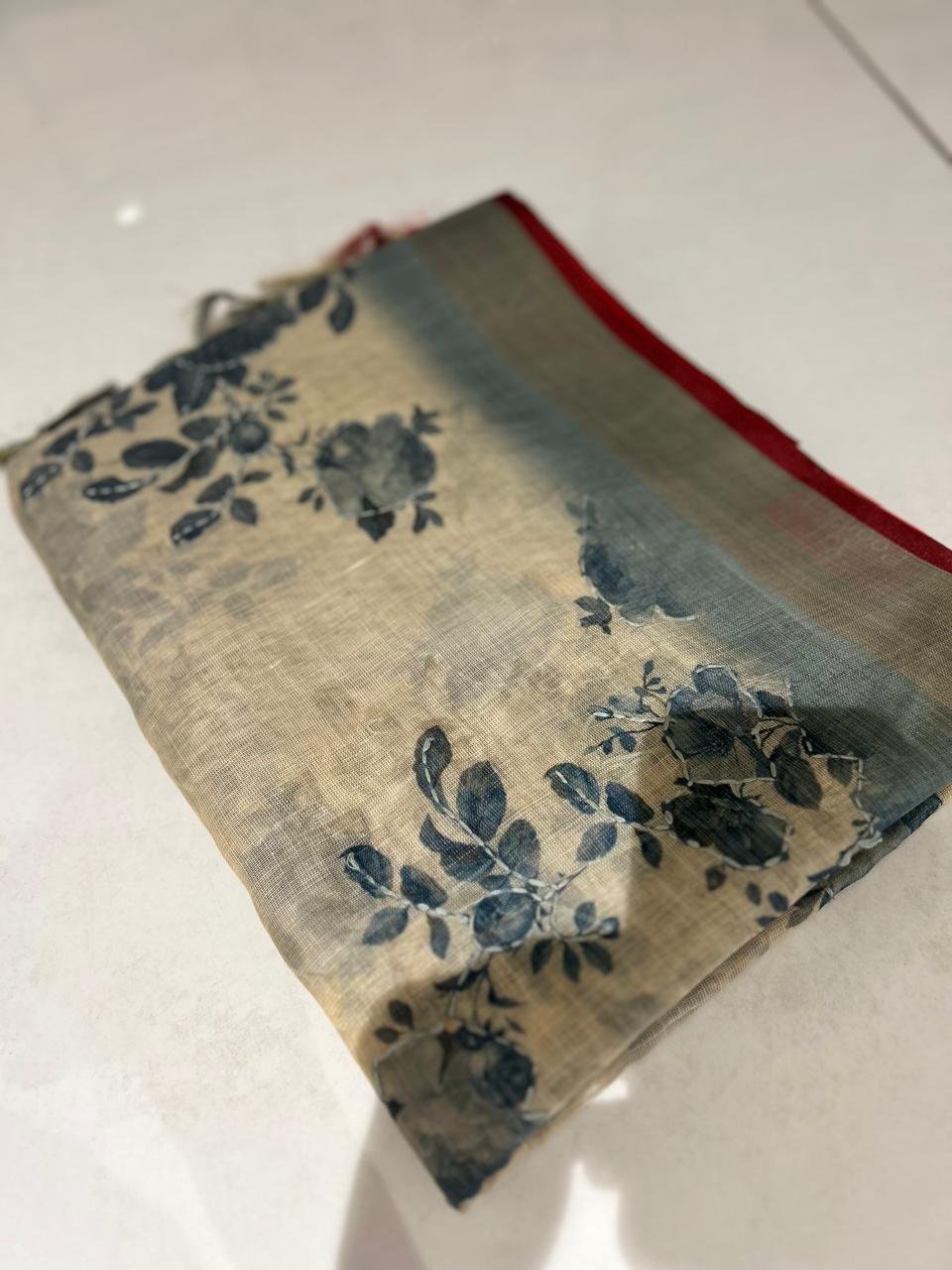 LINEN SAREE - Dusty blue and Chiku color Search code 7462