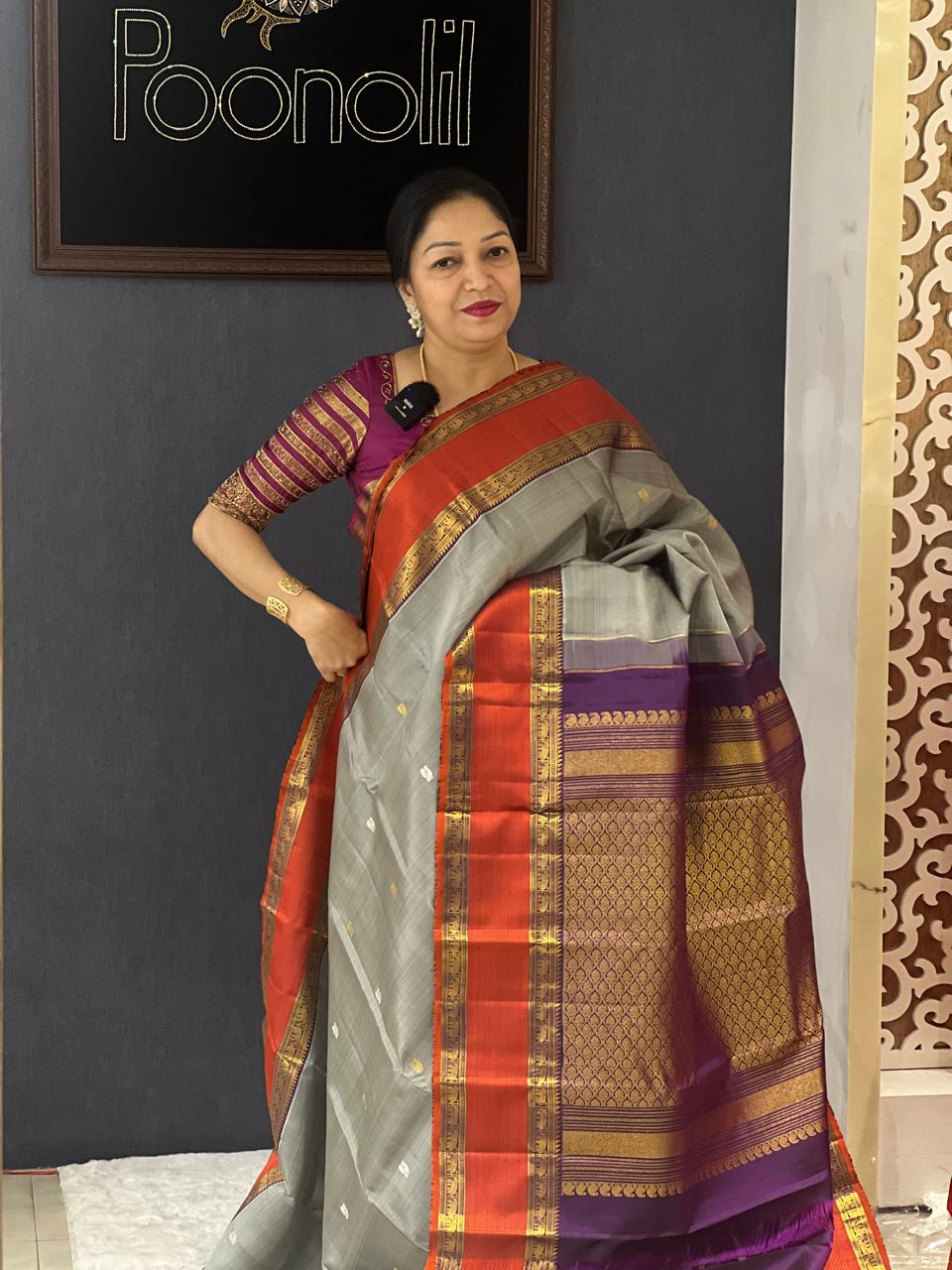 KANCHIPURAM SAREE - Gray shade Search code 6201