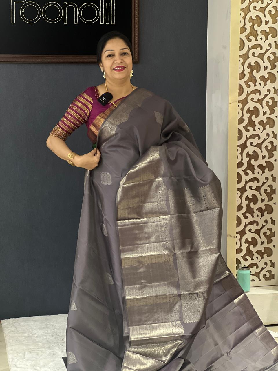 KANCHIPURAM SAREE -Cement gray shade Search code 6208