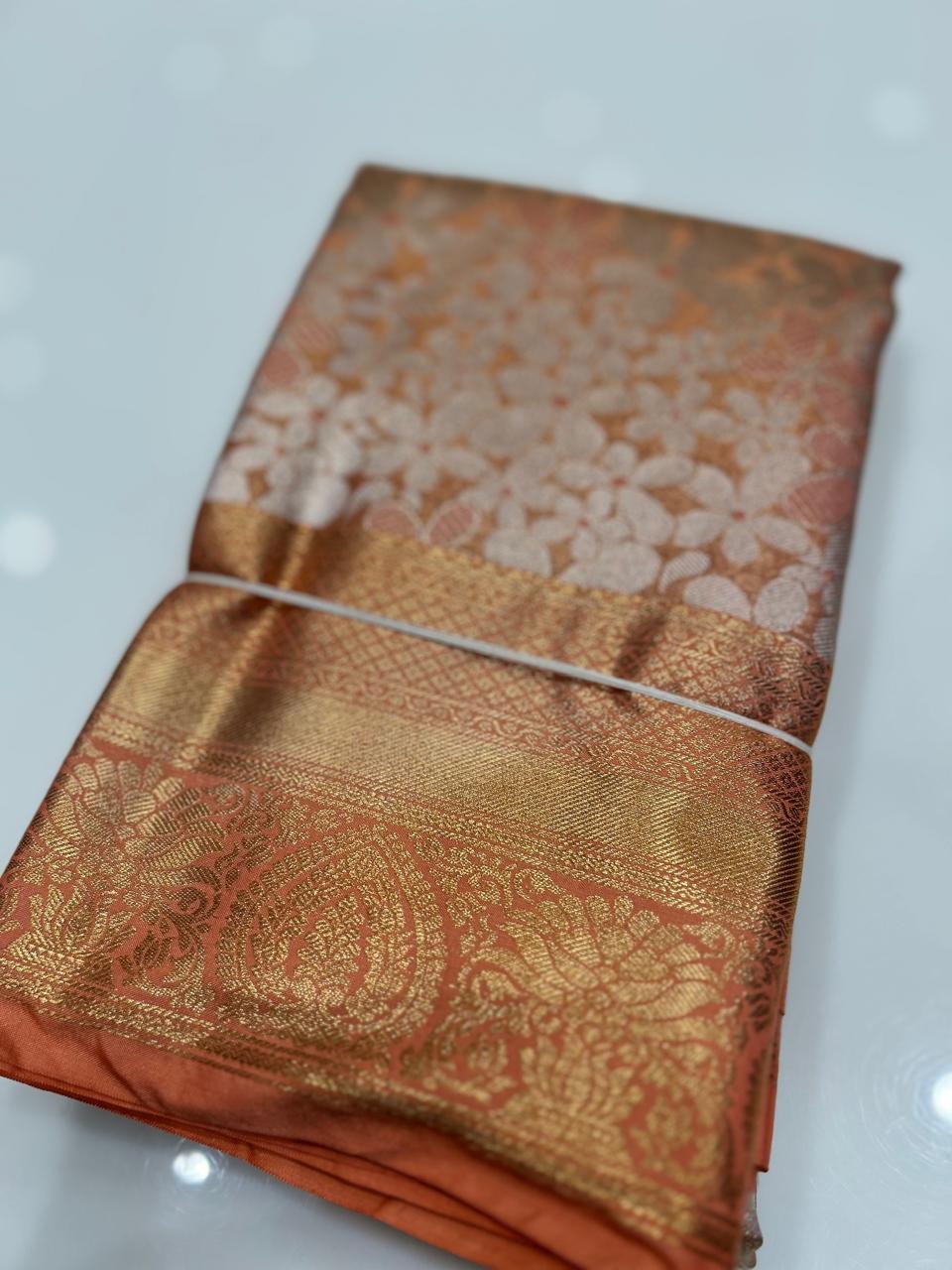 Brocade Tissue  Saree  -Peach shade Search code 6232