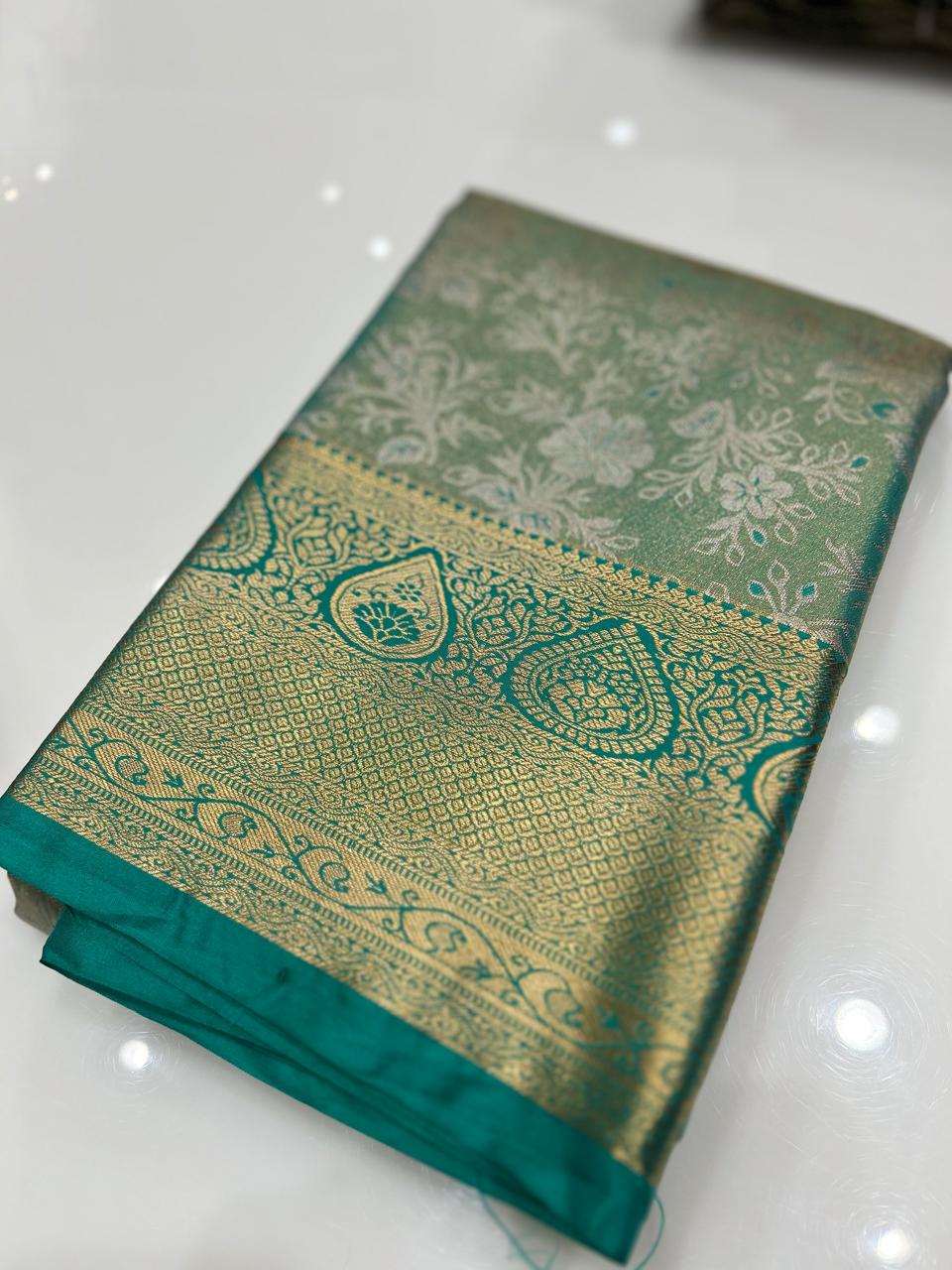 Brocade Tissue  Saree  -Green shade Search code 6242