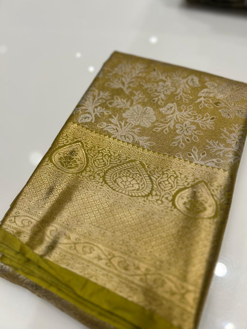 Brocade Tissue  Saree  -Olive green shade Search code 6243