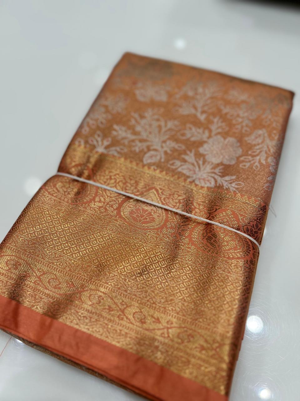 Brocade Tissue  Saree  -Peach  shade Search code 6244