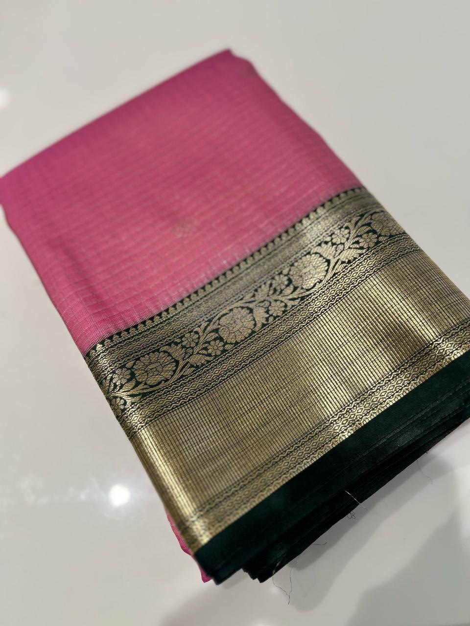 KANCHIPURAM SEMI SAREE- Pink and Green Search code 6999