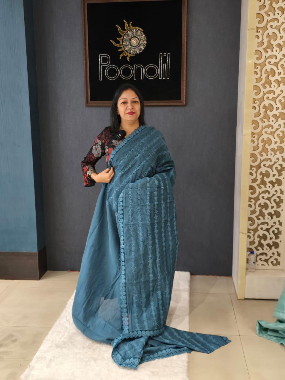 Net cotta Saree -Dusty blue color Search code 9123