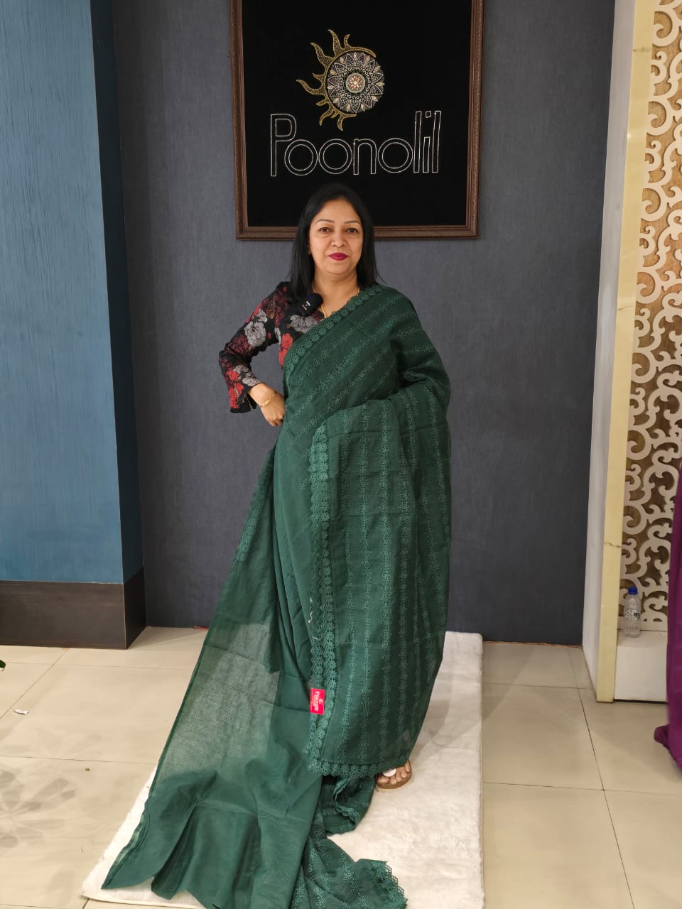 Net cotta Saree -Bottle green color Search code 9119