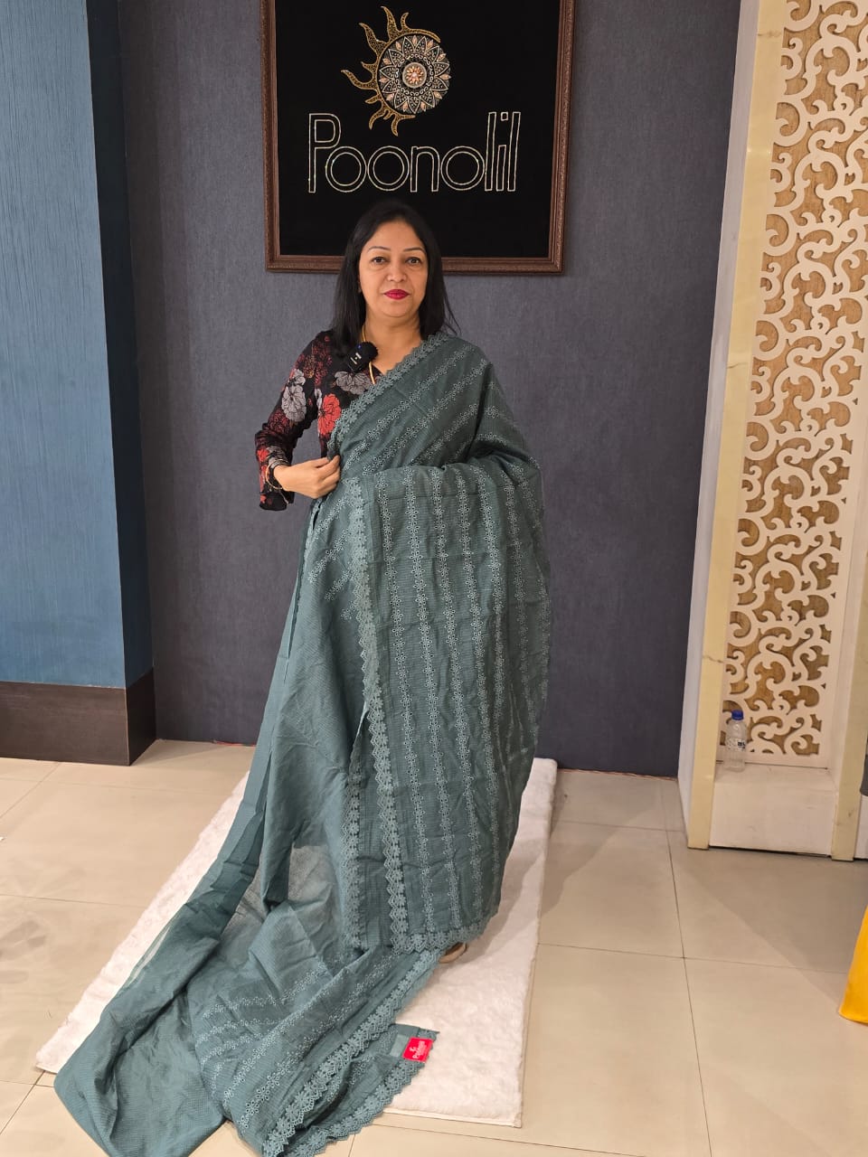 Net cotta Saree -Gray color Search code 9128