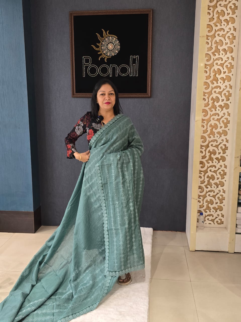 Net cotta Saree -Green gray color Search code 9132