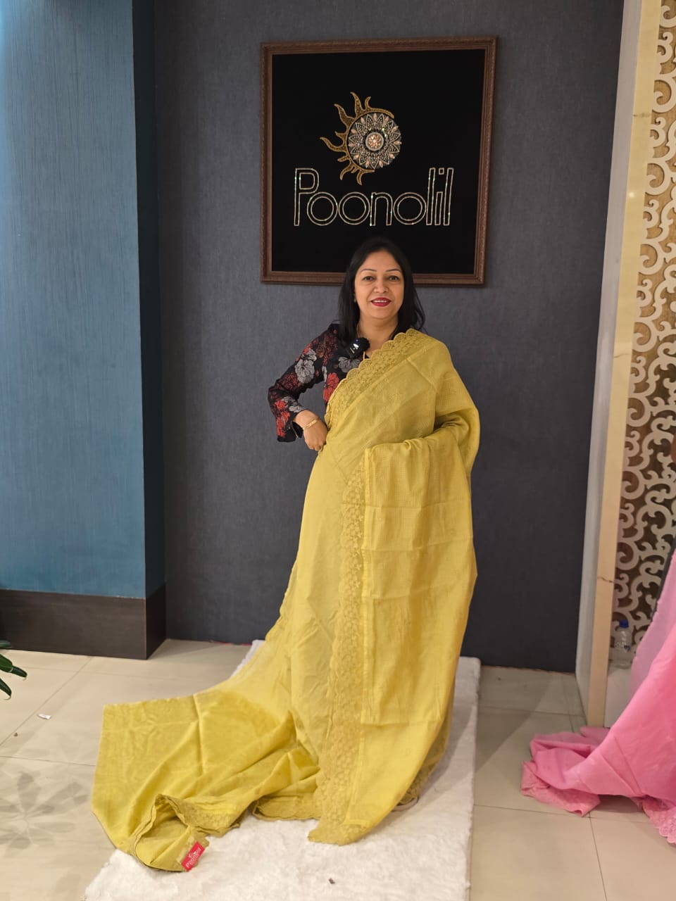 Net cotta Saree - Lemon yellow color Search code 9110