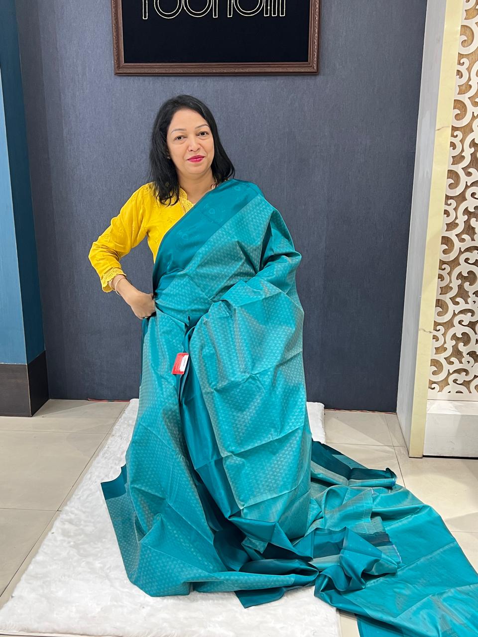 Semi Silk Saree -Peacock blue color Search code 5519