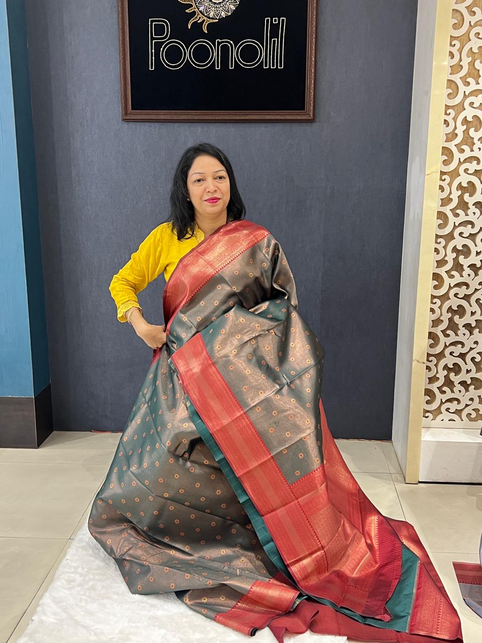 Semi Silk Saree -Green to Maroon  color Search code 5514