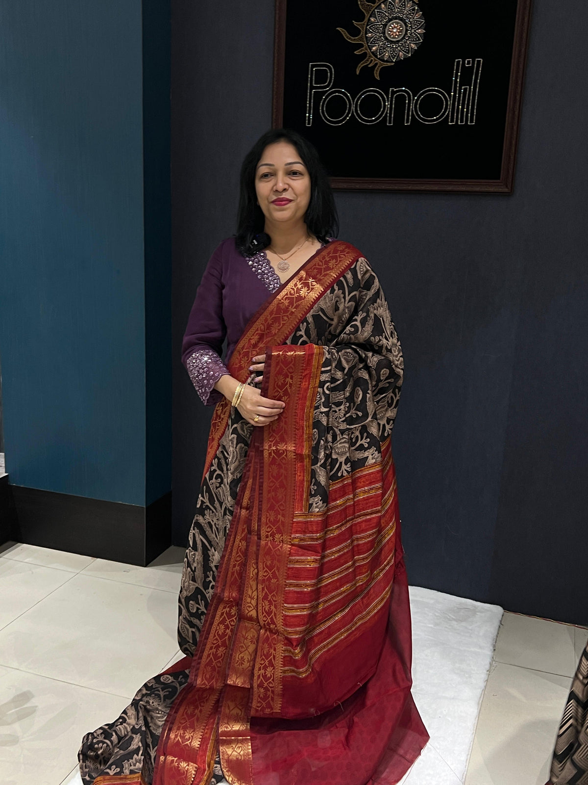 Chanderi saree  - Black to Maroon color Search code 3070