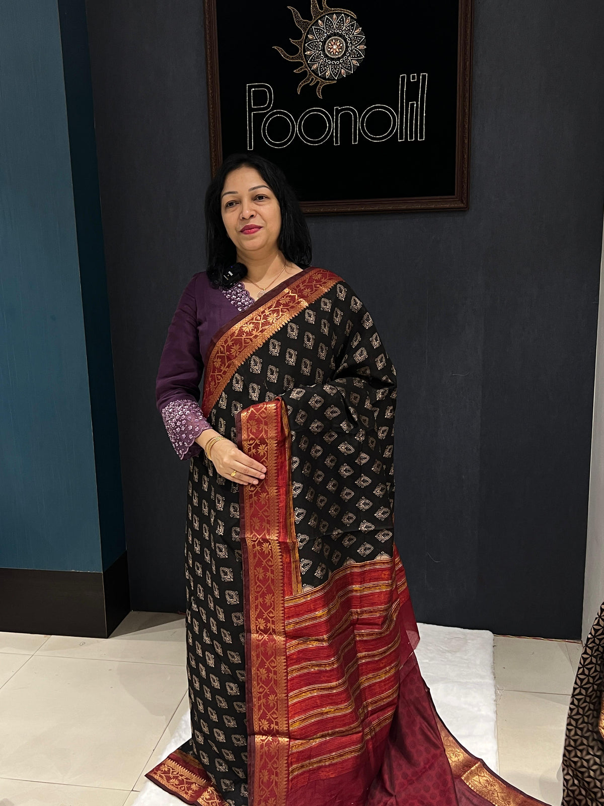 Chanderi saree  - Black to Maroon color Search code 3074