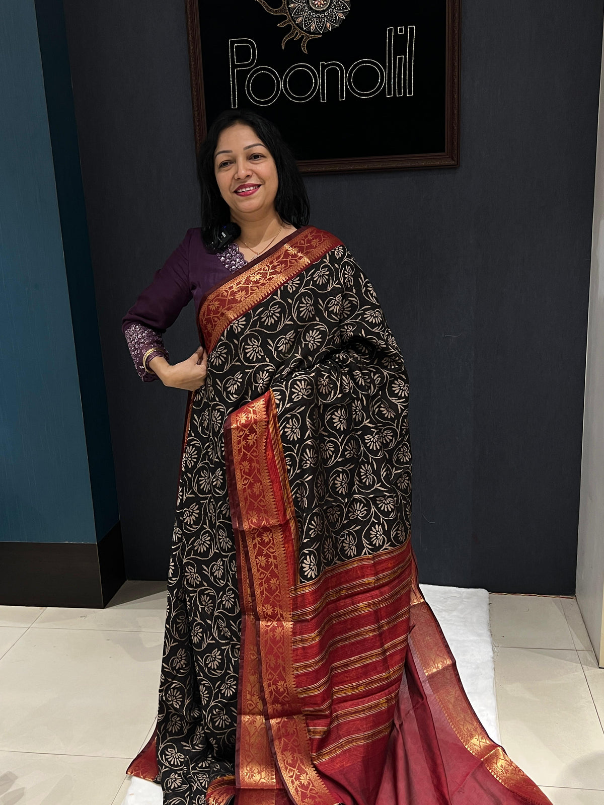 Chanderi saree  - Black to Maroon color Search code 3073