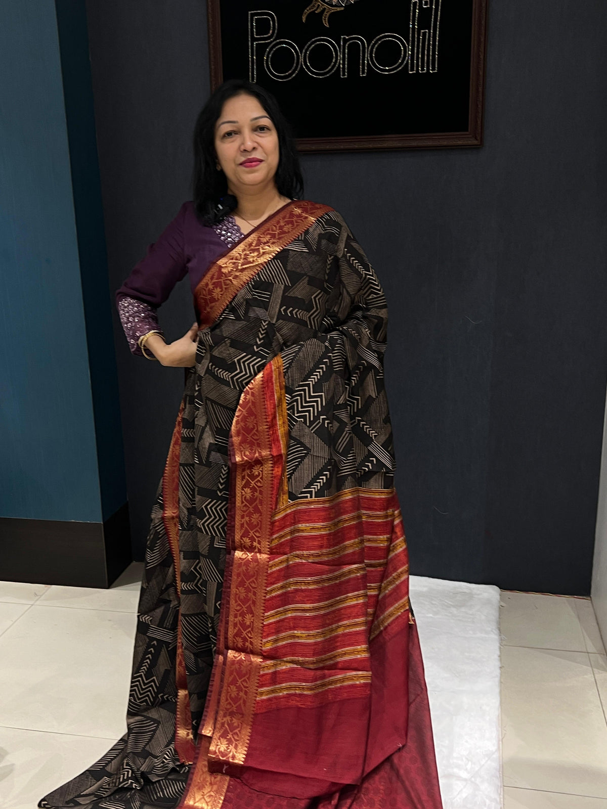 Chanderi saree  - Black to Maroon color Search code 3078