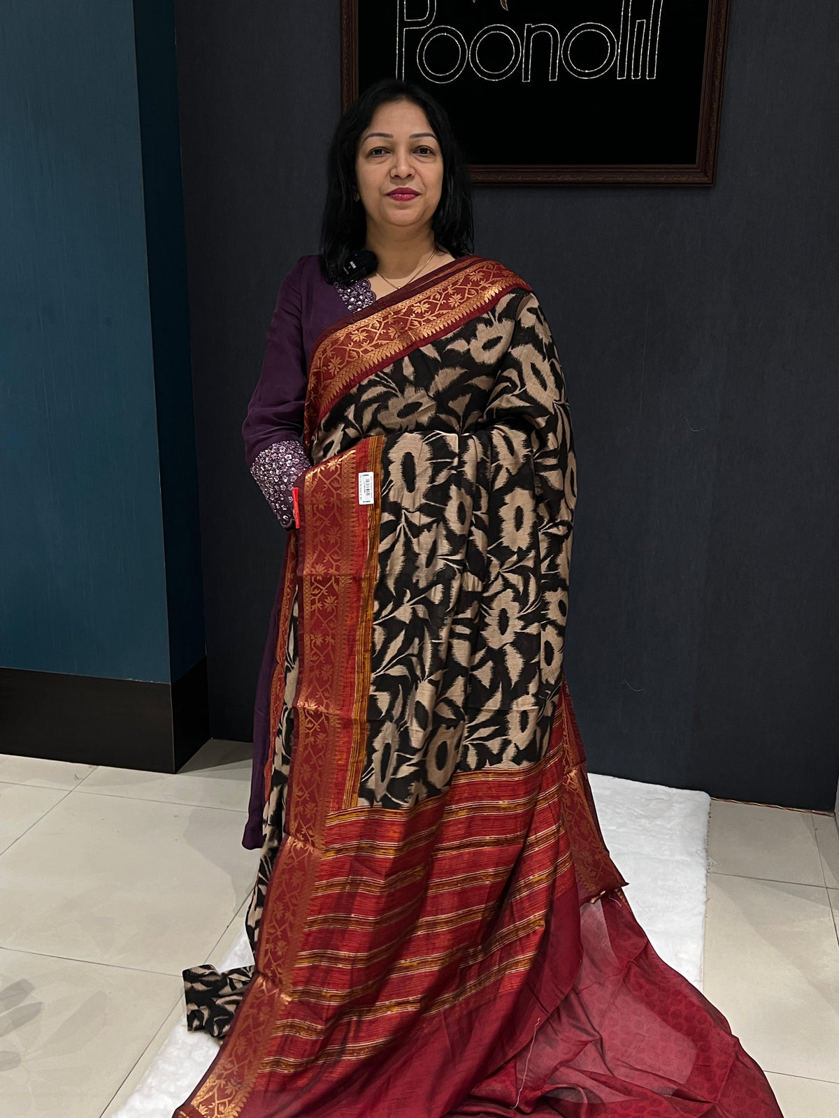 Chanderi saree  - Black to Maroon color Search code 3080