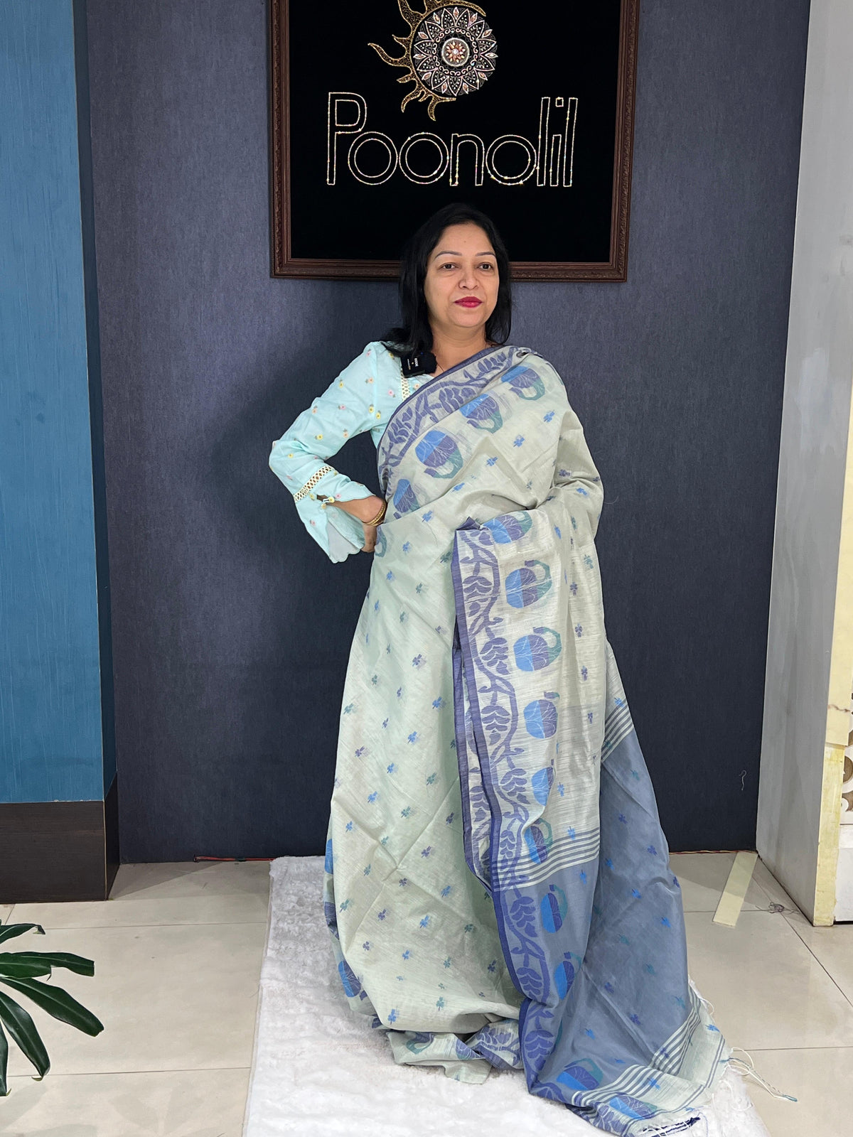 Cotton saree  -Gray to Dark blue  color Search code 4569