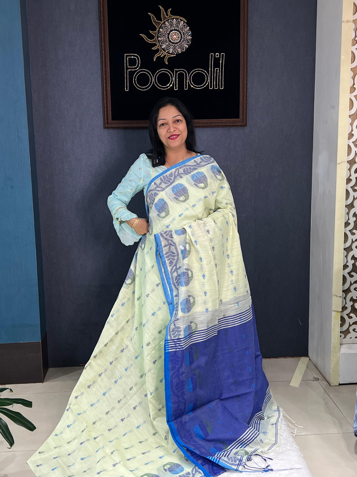 Cotton saree  -Mint green to Blue  color Search code 4564