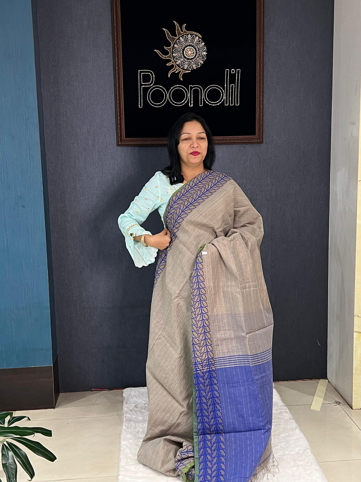 Cotton saree  -Gray to Blue color Search code 4558