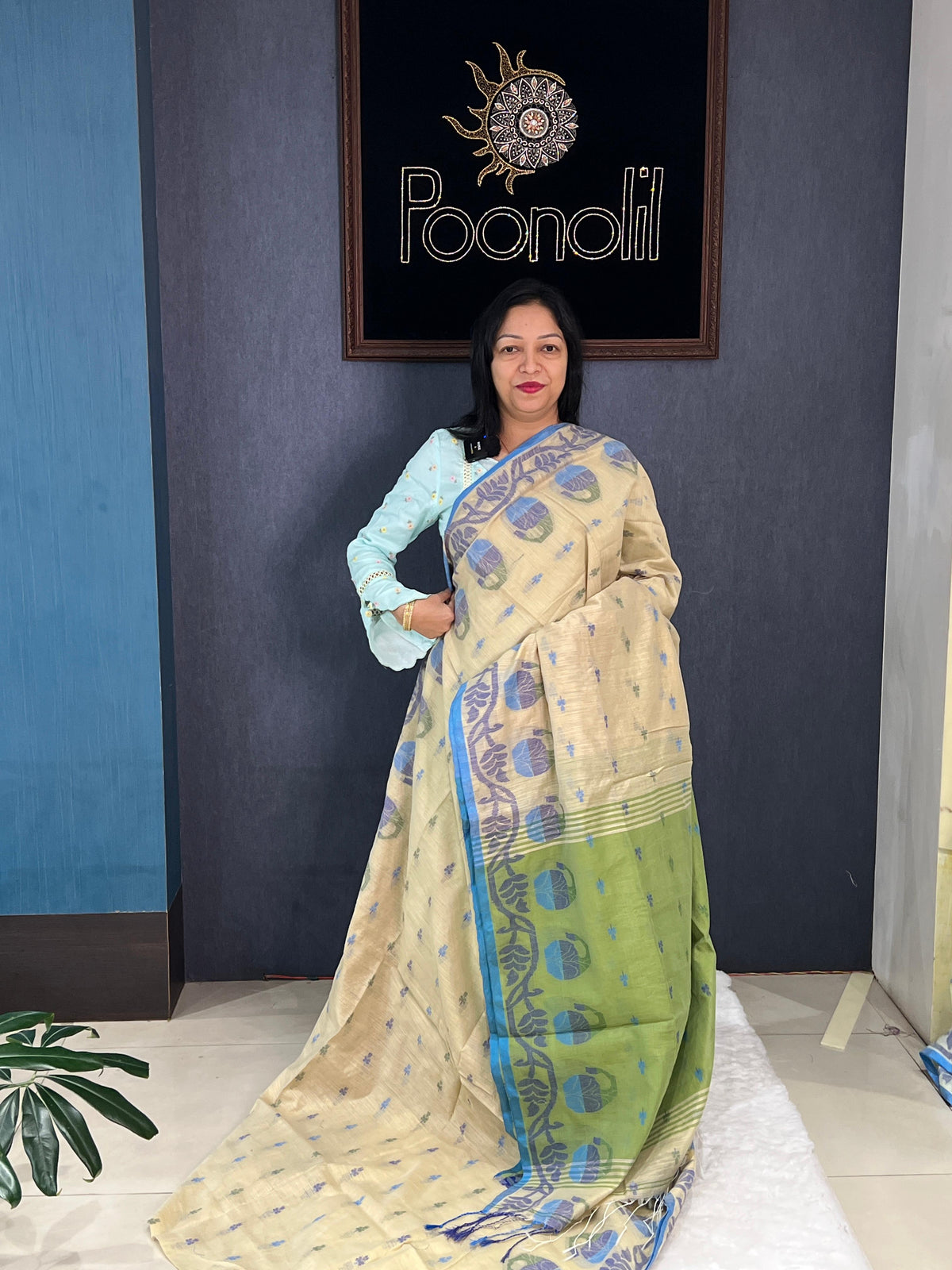 Cotton saree  -Chiku to green color Search code 4563