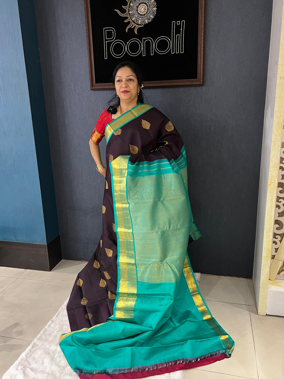 KANCHIPURAM SAREE -Dark brown to Safer blue shade Search code 1424