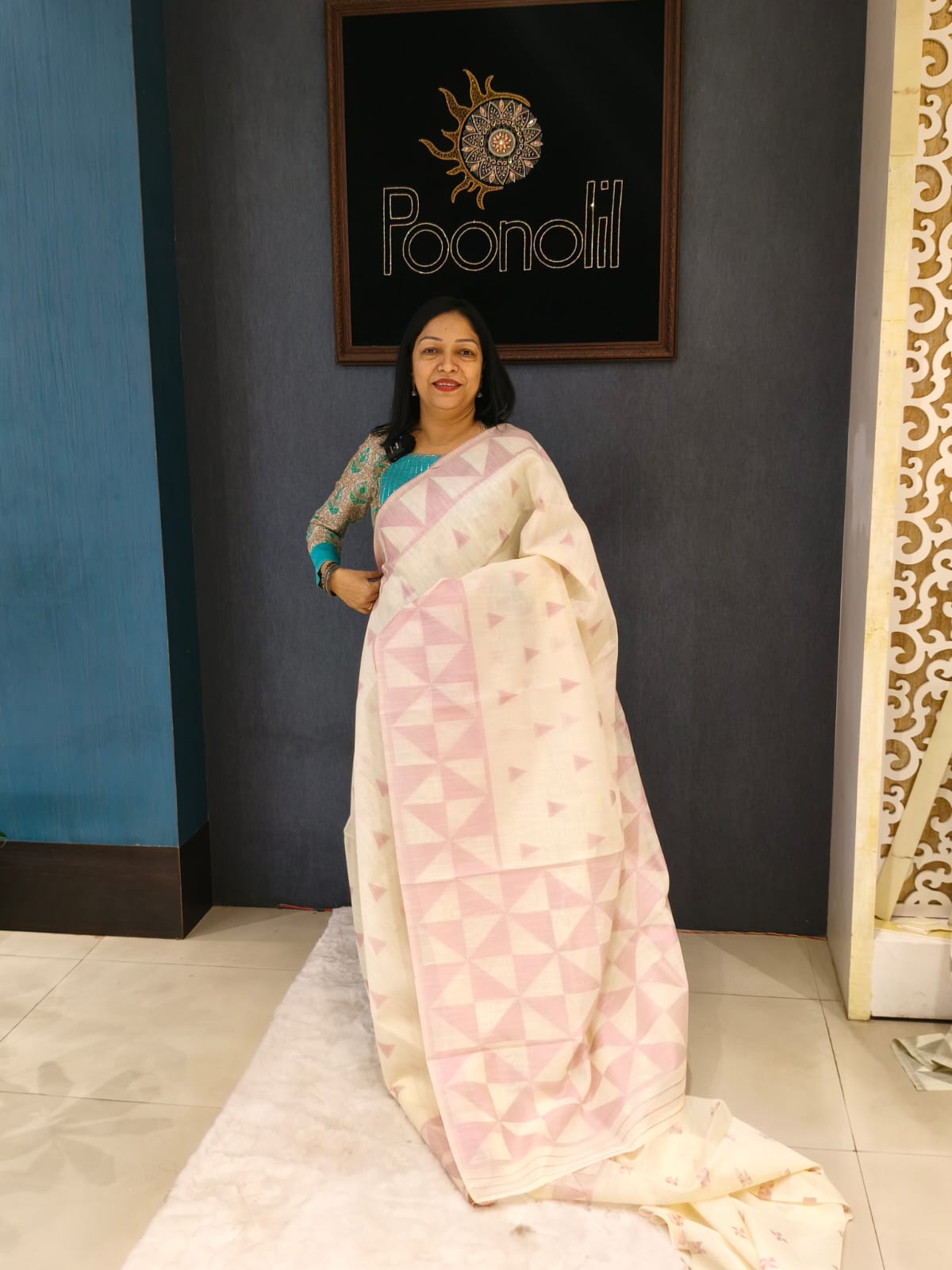 LINEN SAREE -pearl cream   color Search code 2110