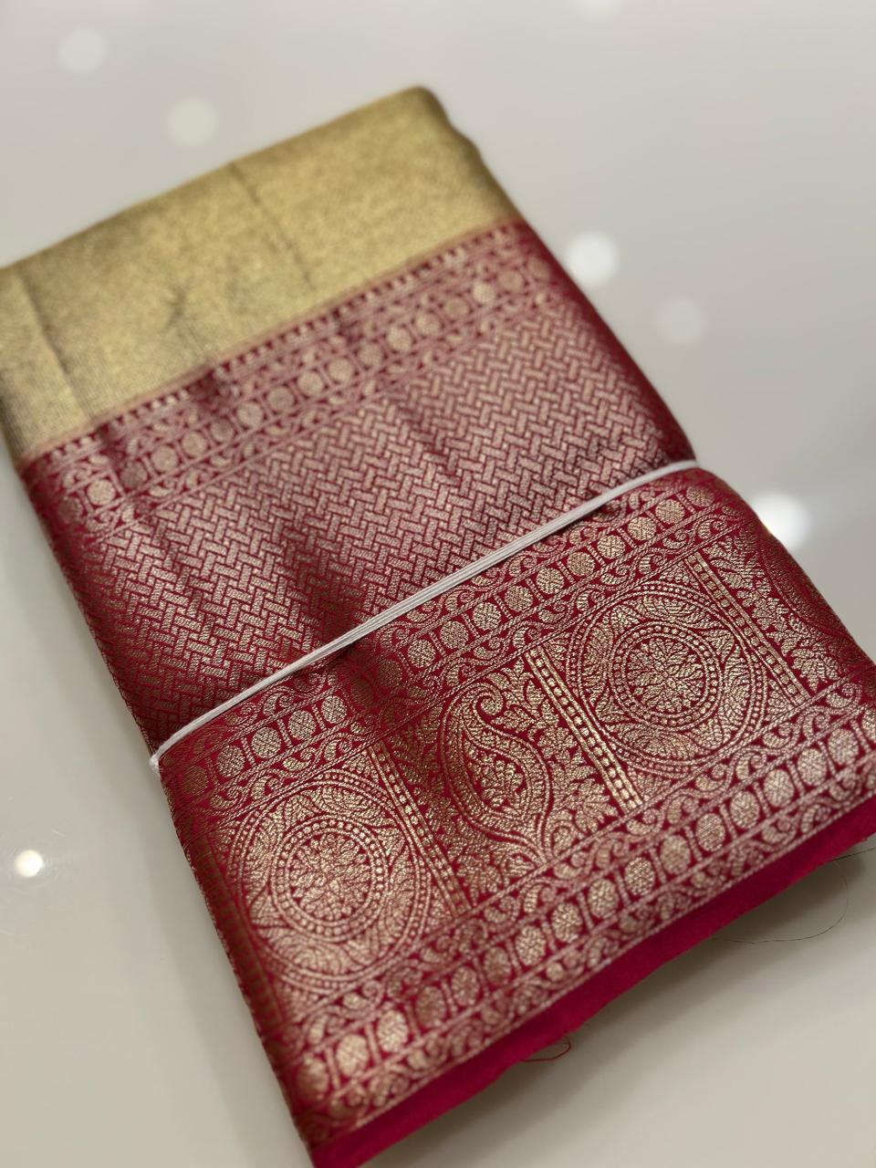 KANCHIPURAM SAREE - Golden to Dark red  shade Search code 6503