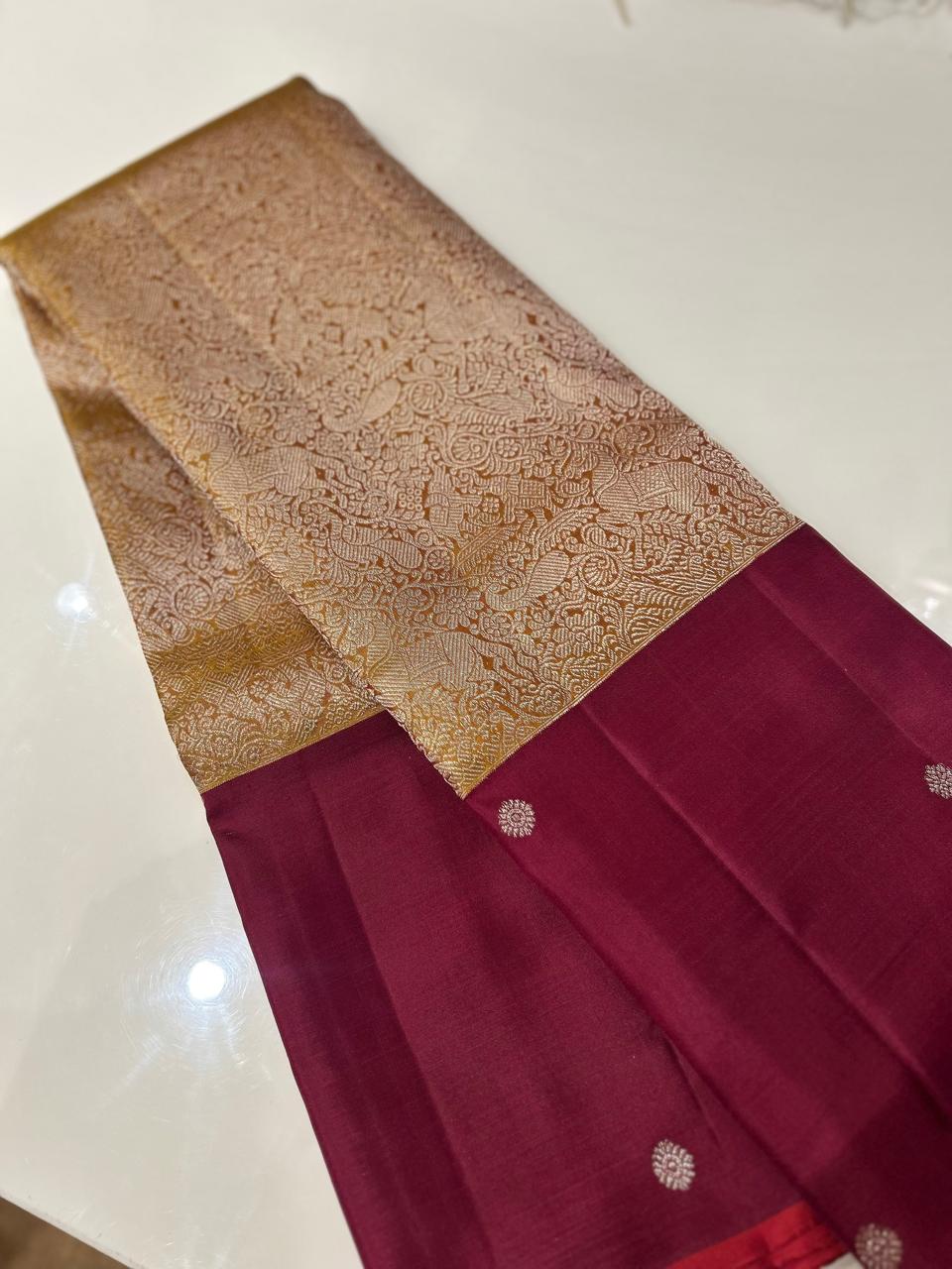 KANCHIPURAM BROCADE SAREE-Golden maroon  Search code 6250